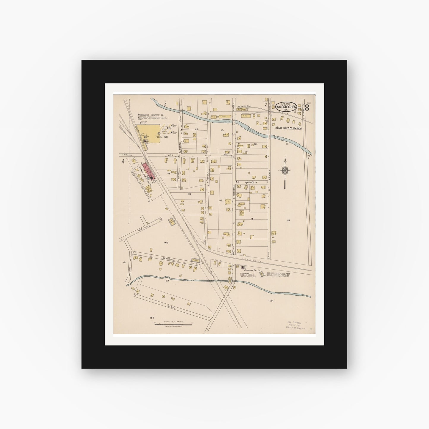 Old map wall art mockup — black gallery frame with white mat — Sanborn Fire Insurance Map from Nacogdoches, Nacogdoches County, Texas (1922), Sheet #0008
