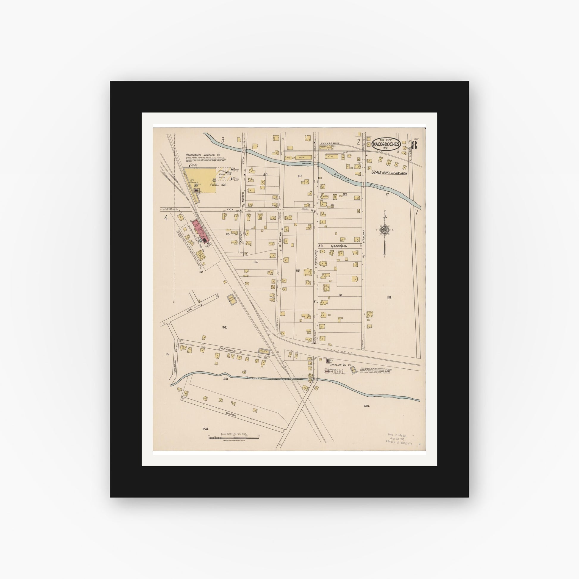 Old map wall art mockup — black gallery frame with white mat — Sanborn Fire Insurance Map from Nacogdoches, Nacogdoches County, Texas (1922), Sheet #0008