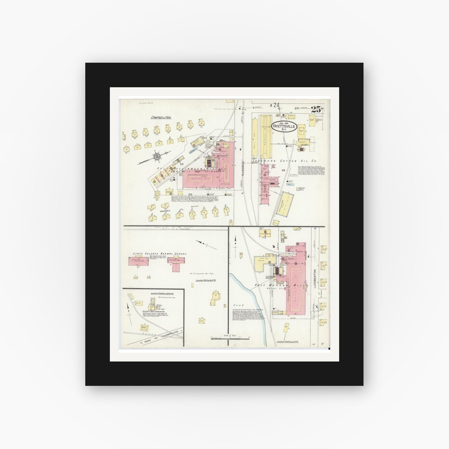 Old map wall art mockup — black gallery frame with white mat — Sanborn Fire Insurance Map from Fayetteville, Cumberland County, North Carolina (1914), Sheet #0025