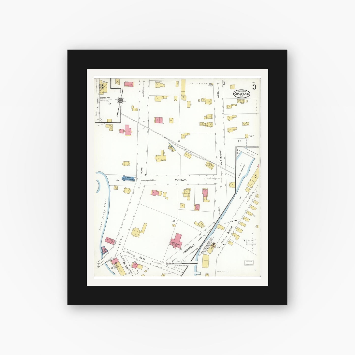 Old map wall art mockup — black gallery frame with white mat — Sanborn Fire Insurance Map from Champlain, Clinton County, New York (1923), Sheet #0003