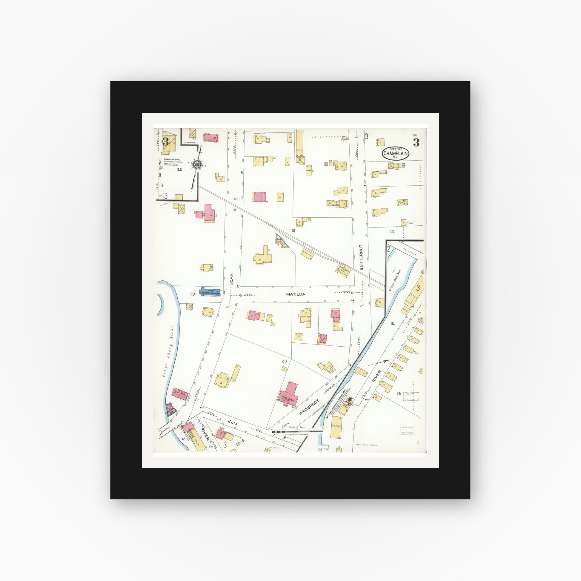 Old map wall art mockup — black gallery frame with white mat — Sanborn Fire Insurance Map from Champlain, Clinton County, New York (1923), Sheet #0003