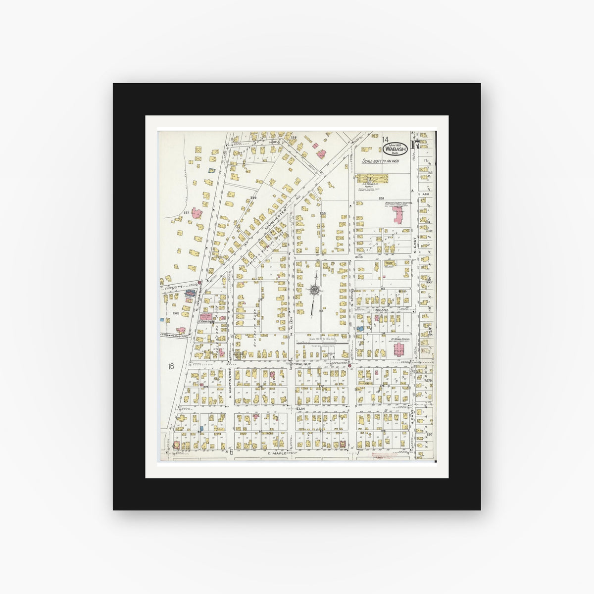 Old map wall art mockup — black gallery frame with white mat — Sanborn Fire Insurance Map from Wabash, Wabash County, Indiana (1920), Sheet #0017