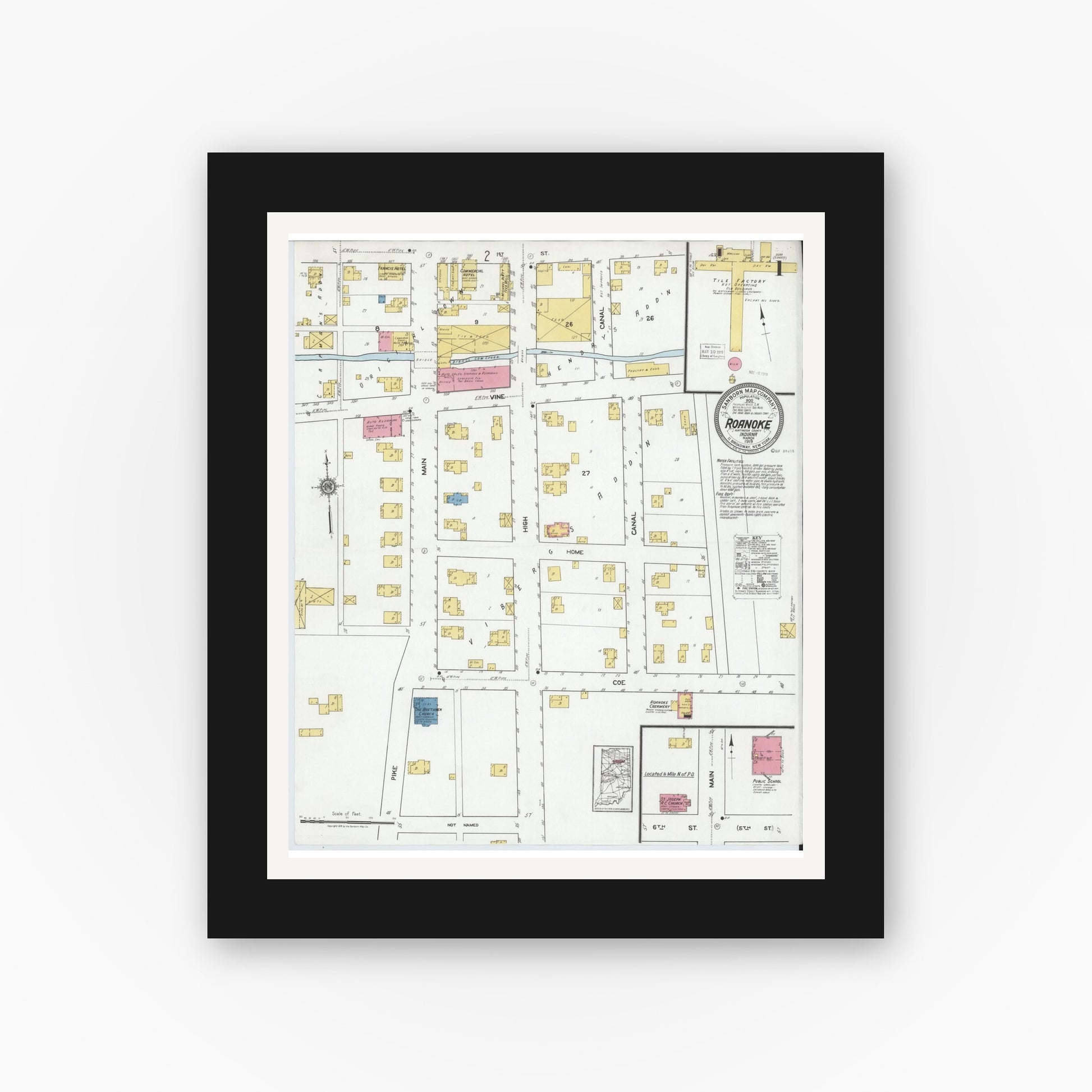 Old map wall art mockup — black gallery frame with white mat — Sanborn Fire Insurance Map from Roanoke, Huntington County, Indiana (1919) - Complete Map Set