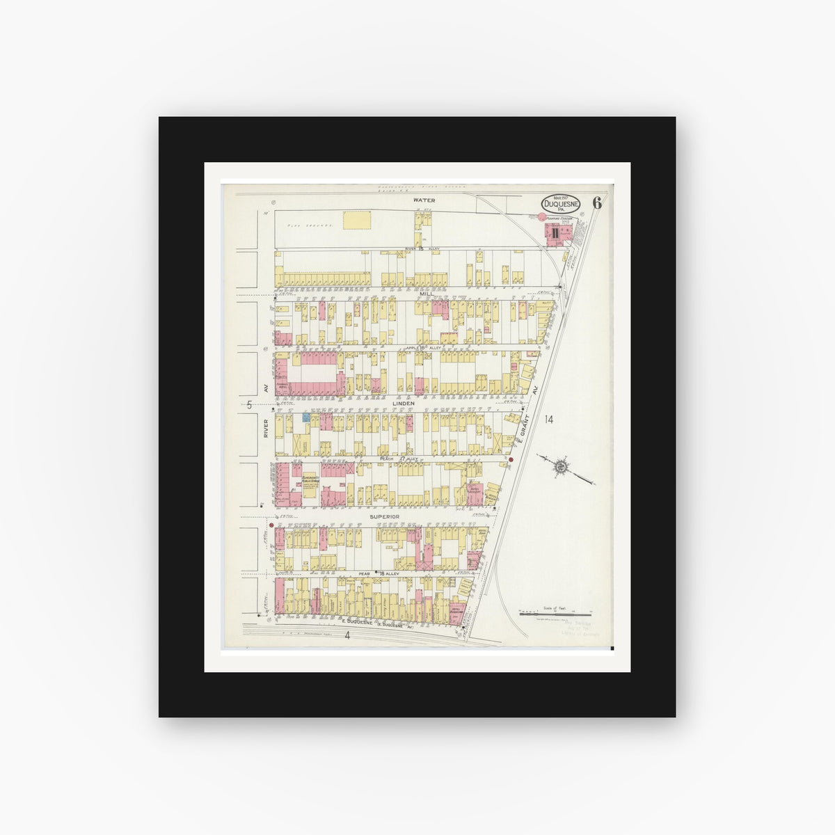 Old map wall art mockup — black gallery frame with white mat — Sanborn Fire Insurance Map from Duquesne, Allegheny County, Pennsylvania (1917), Sheet #0006