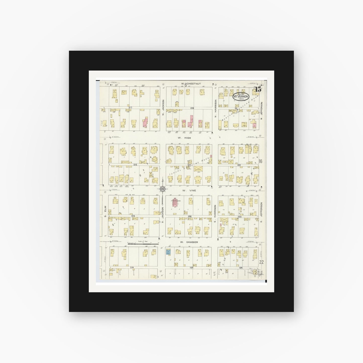 Old map wall art mockup — black gallery frame with white mat — Sanborn Fire Insurance Map from Mount Vernon, Knox County, Ohio (1913), Sheet #0015