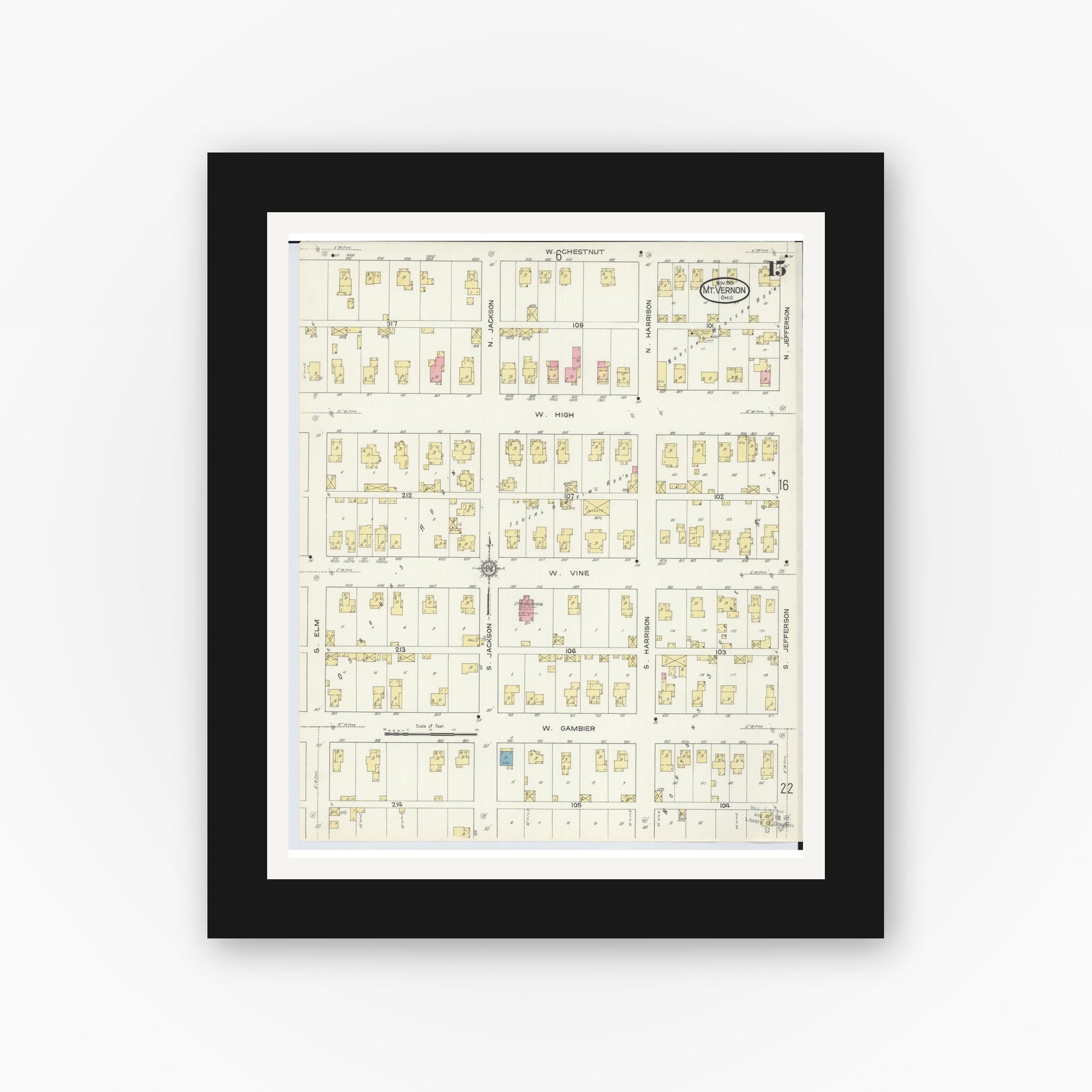 Old map wall art mockup — black gallery frame with white mat — Sanborn Fire Insurance Map from Mount Vernon, Knox County, Ohio (1913), Sheet #0015