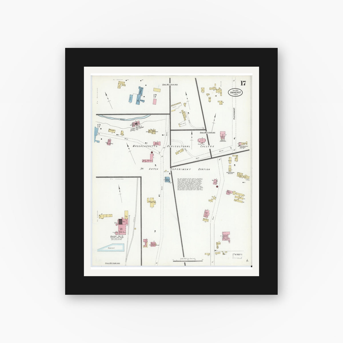 Old map wall art mockup — black gallery frame with white mat — Sanborn Fire Insurance Map from Amherst, Hampshire County, Massachusetts (1910), Sheet #0017