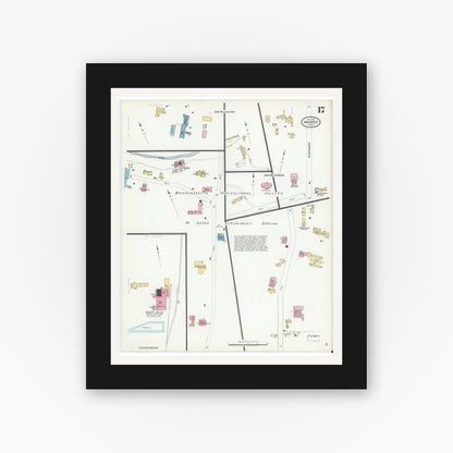 Old map wall art mockup — black gallery frame with white mat — Sanborn Fire Insurance Map from Amherst, Hampshire County, Massachusetts (1910), Sheet #0017