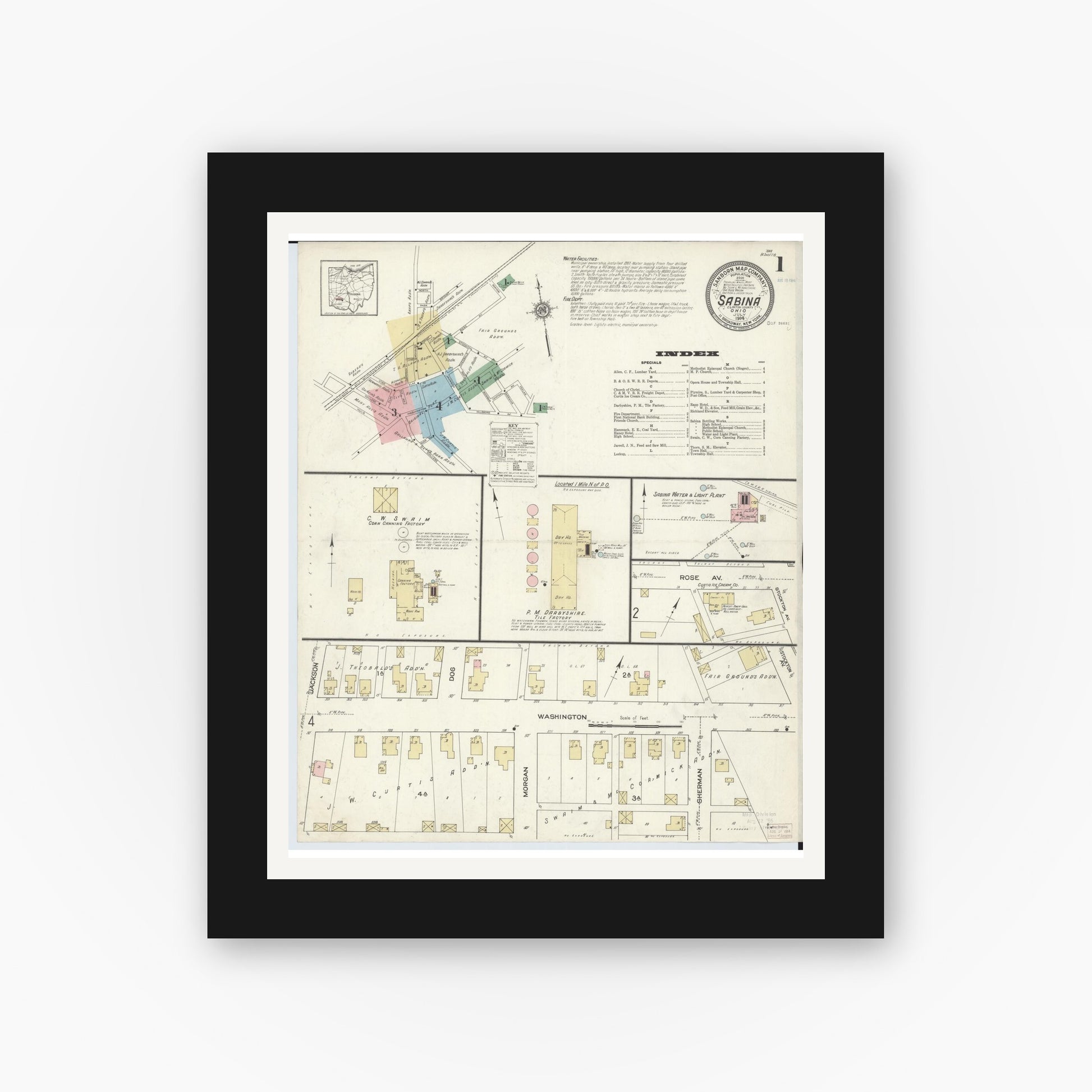 Old map wall art mockup — black gallery frame with white mat — Sanborn Fire Insurance Map from Sabina, Clinton County, Ohio (1914), Sheet #0001
