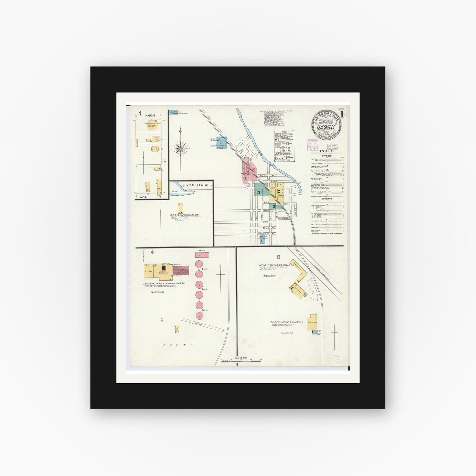 Old map wall art mockup — black gallery frame with white mat — Sanborn Fire Insurance Map from Byesville, Guernsey County, Ohio (1905) - Complete Map Set