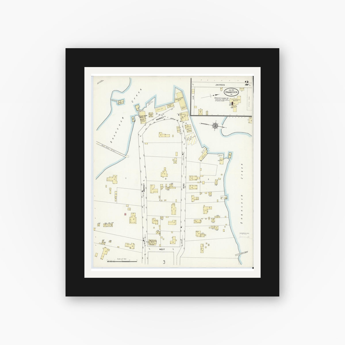 Old map wall art mockup — black gallery frame with white mat — Sanborn Fire Insurance Map from Onancock, Accomack County, Virginia (1912), Sheet #0002