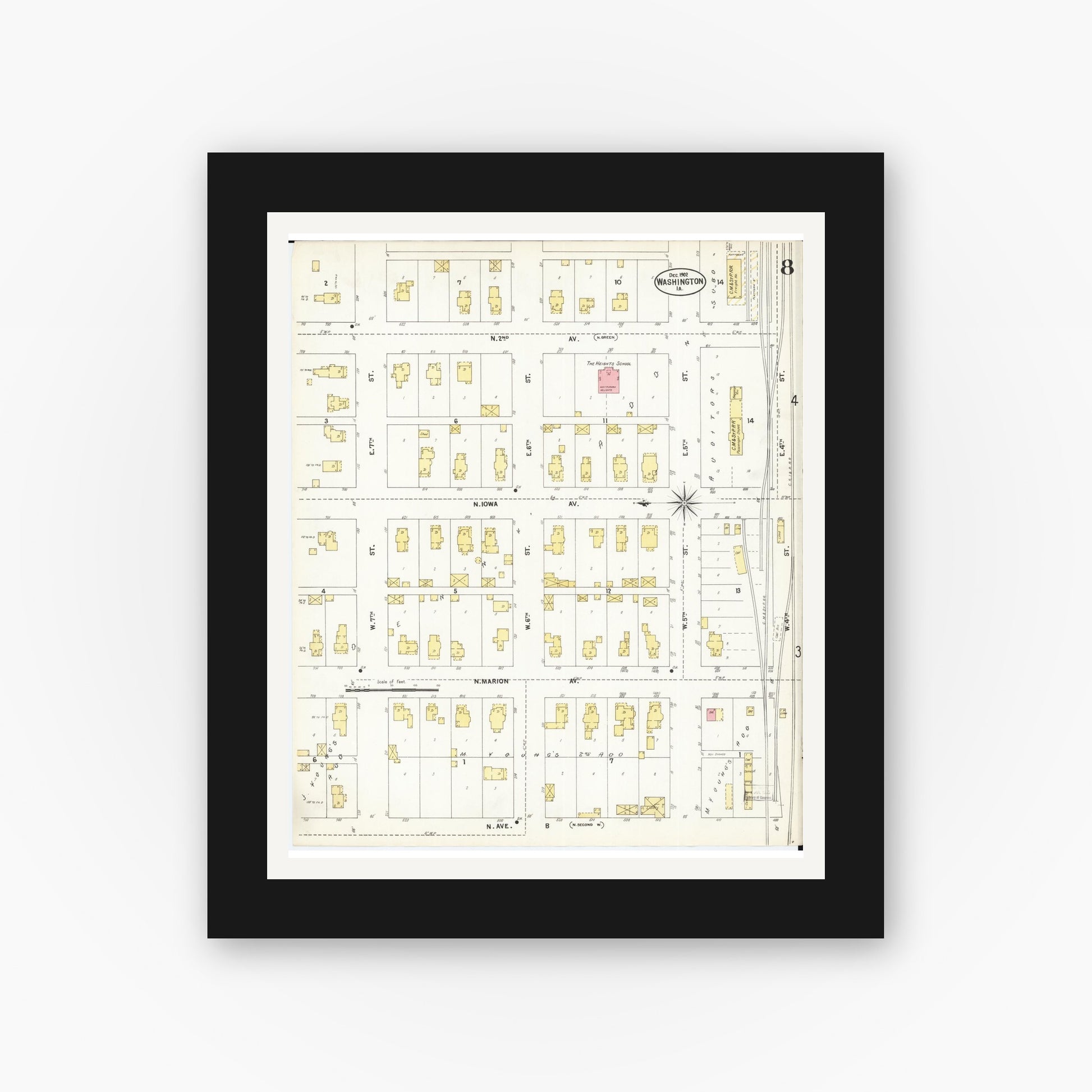 Old map wall art mockup — black gallery frame with white mat — Sanborn Fire Insurance Map from Washington, Washington County, Iowa (1902), Sheet #0008