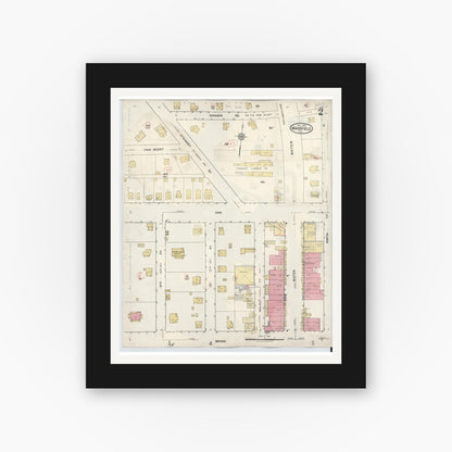 Old map wall art mockup — black gallery frame with white mat — Sanborn Fire Insurance Map from Mansfield, Tarrant County, Texas (1933), Sheet #0002