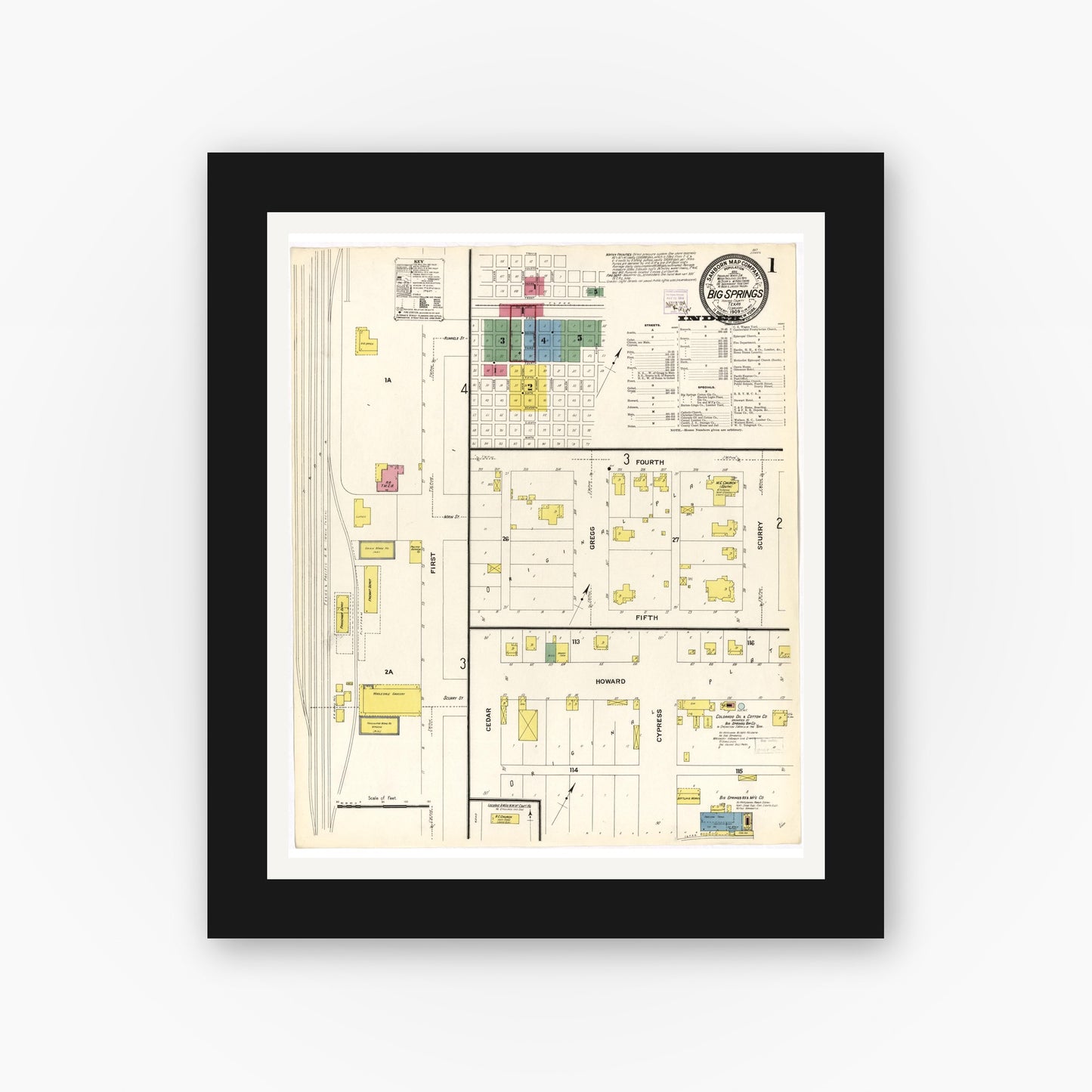 Old map wall art mockup — black gallery frame with white mat — Sanborn Fire Insurance Map from Big Spring, Howard County, Texas (1909), Sheet #0001