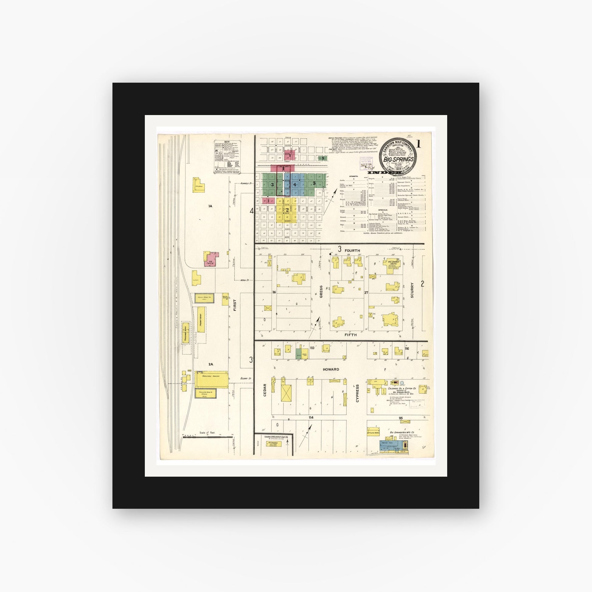 Old map wall art mockup — black gallery frame with white mat — Sanborn Fire Insurance Map from Big Spring, Howard County, Texas (1909), Sheet #0001