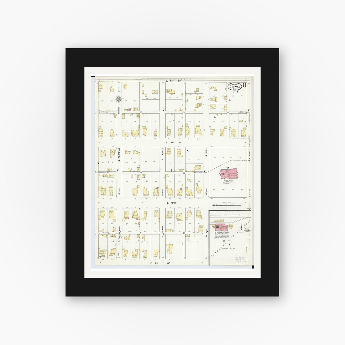 Old map wall art mockup — black gallery frame with white mat — Sanborn Fire Insurance Map from Ottawa, Putnam County, Ohio (1911), Sheet #0008