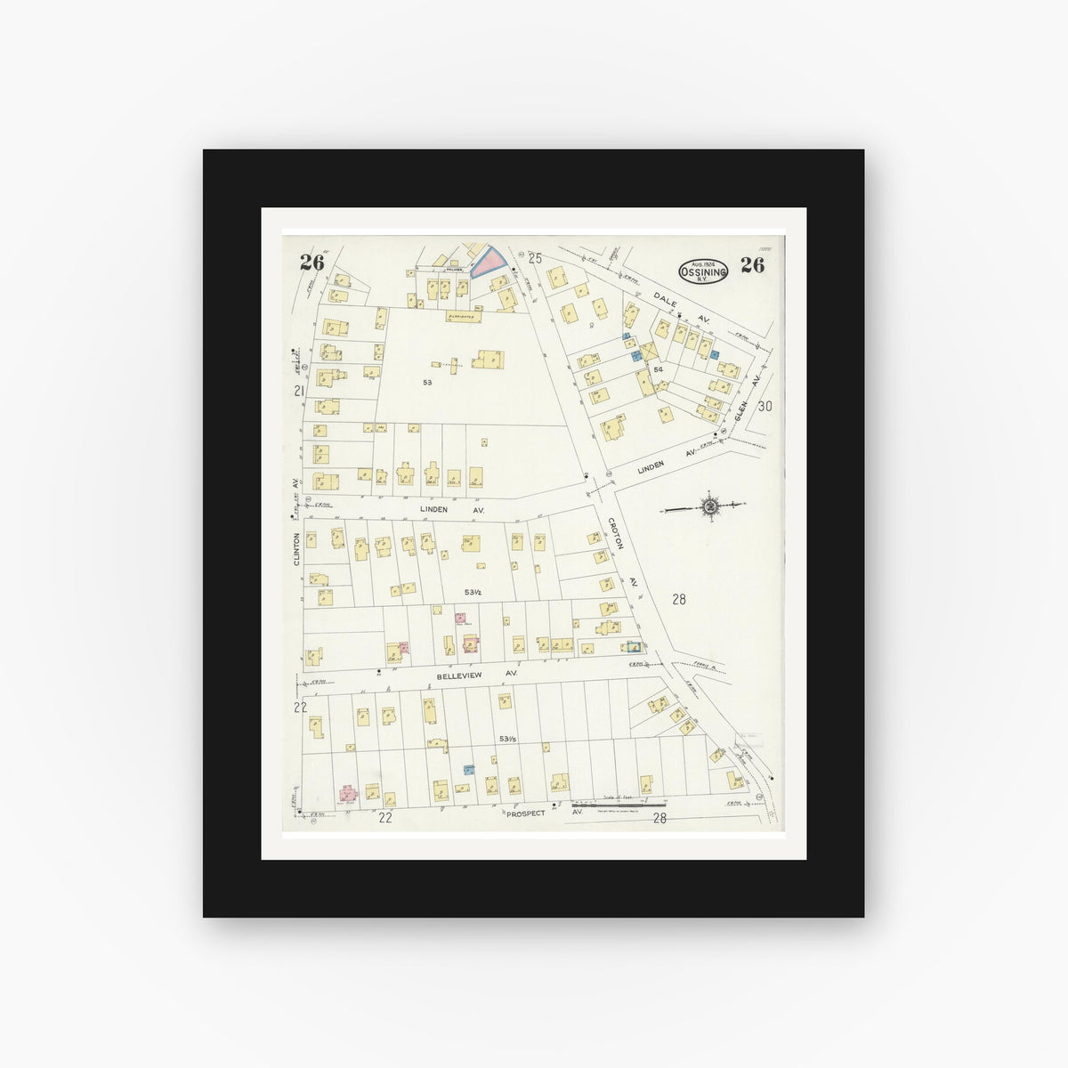 Old map wall art mockup — black gallery frame with white mat — Sanborn Fire Insurance Map from Ossining, Westchester County, New York (1924), Sheet #0026