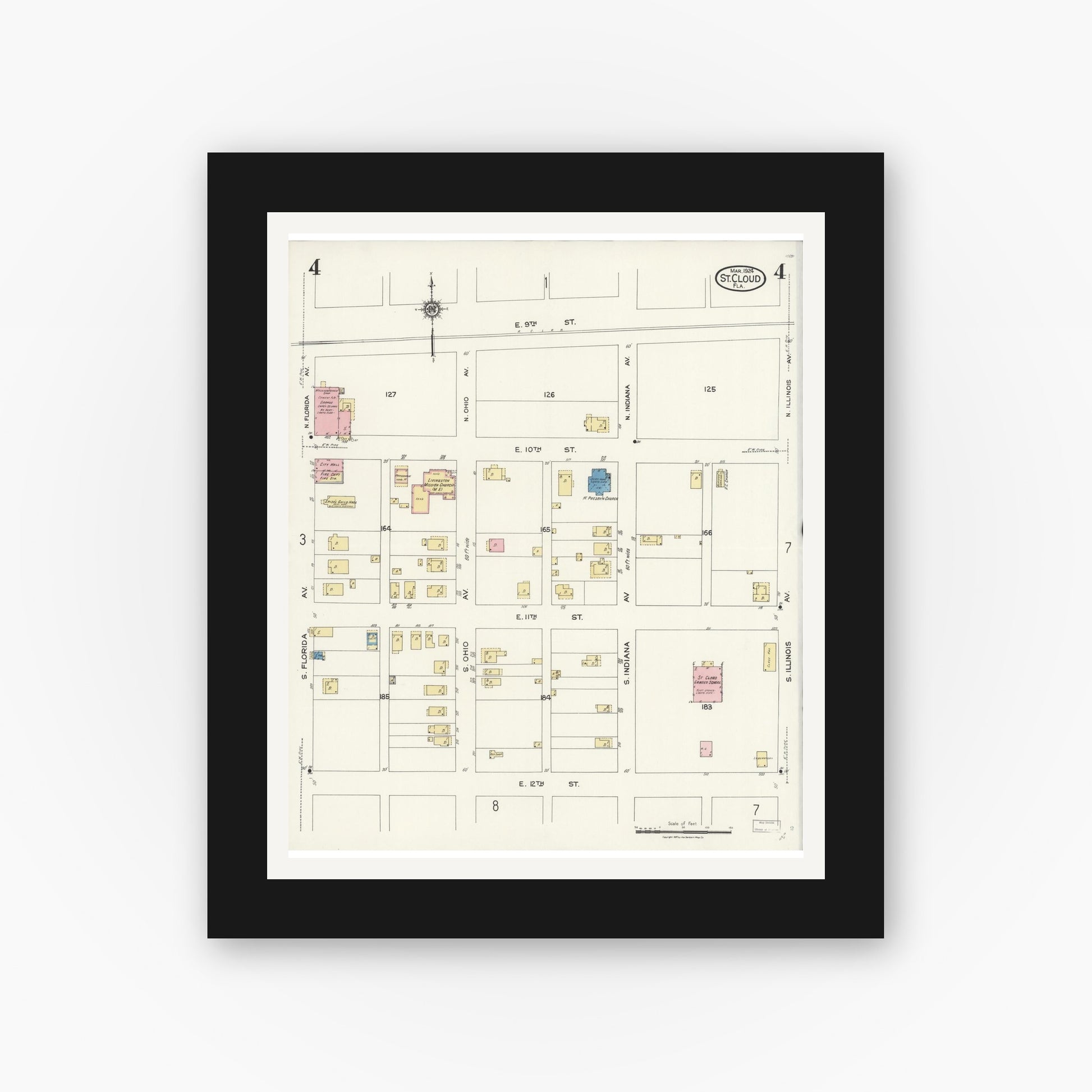 Old map wall art mockup — black gallery frame with white mat — Sanborn Fire Insurance Map from Saint Cloud, Osceola County, Florida (1924), Sheet #0004