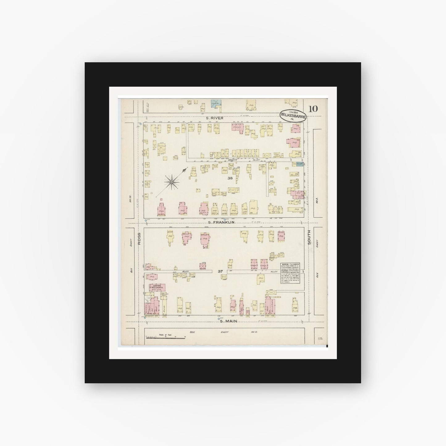 Old map wall art mockup — black gallery frame with white mat — Sanborn Fire Insurance Map from Wilkes Barre, Luzerne County, Pennsylvania (1884), Sheet #0010