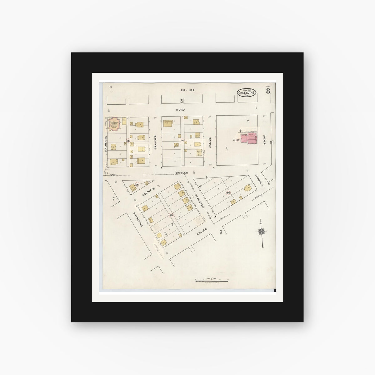 Old map wall art mockup — black gallery frame with white mat — Sanborn Fire Insurance Map from Chillicothe, Hardeman County, Texas (1941), Sheet #0008