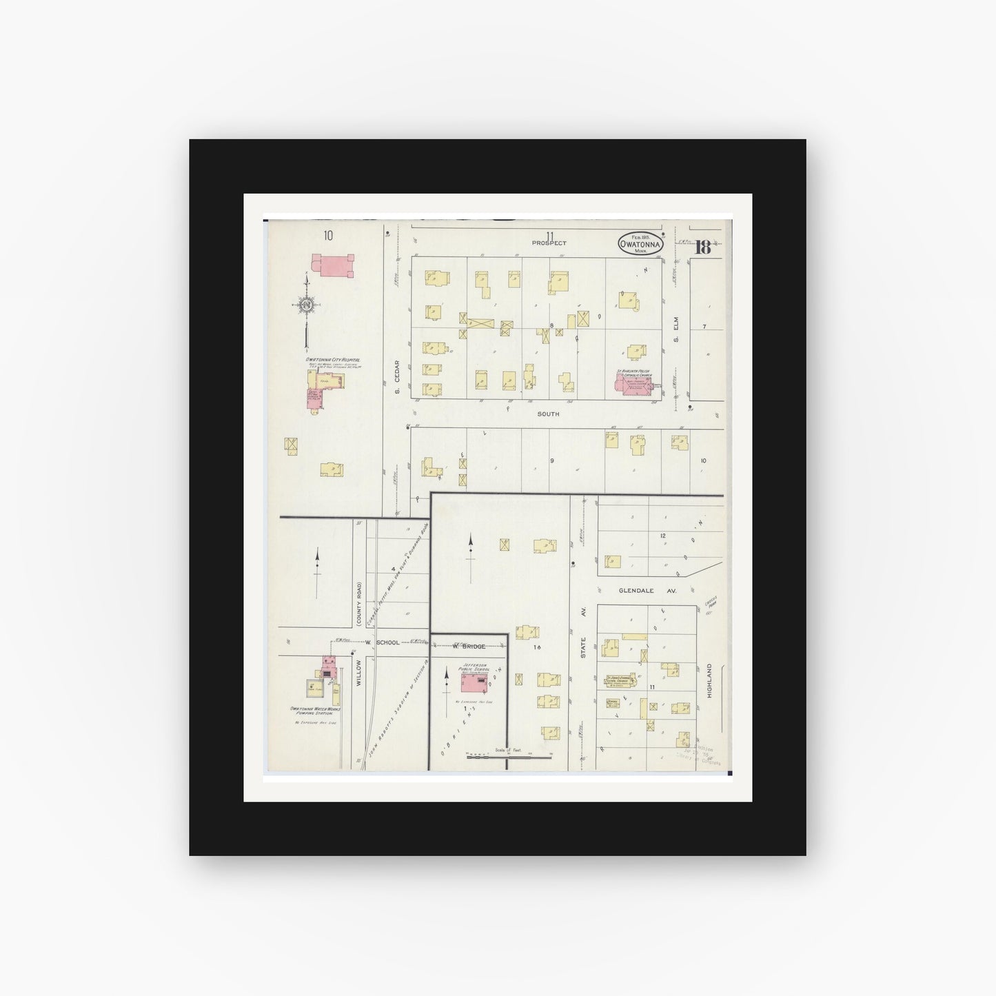 Old map wall art mockup — black gallery frame with white mat — Sanborn Fire Insurance Map from Owatonna, Steele County, Minnesota (1915), Sheet #0018