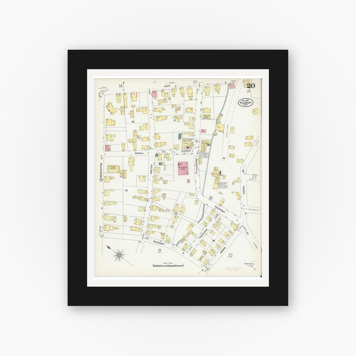 Old map wall art mockup — black gallery frame with white mat — Sanborn Fire Insurance Map from Peabody, Essex County, Massachusetts (1907), Sheet #0020