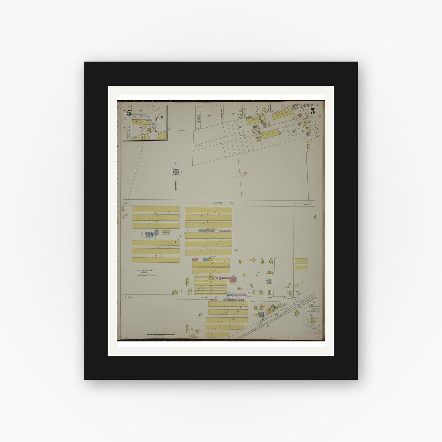 Old map wall art mockup — black gallery frame with white mat — Sanborn Fire Insurance Map from New Providence, Union County, New Jersey (1944), Sheet #0005