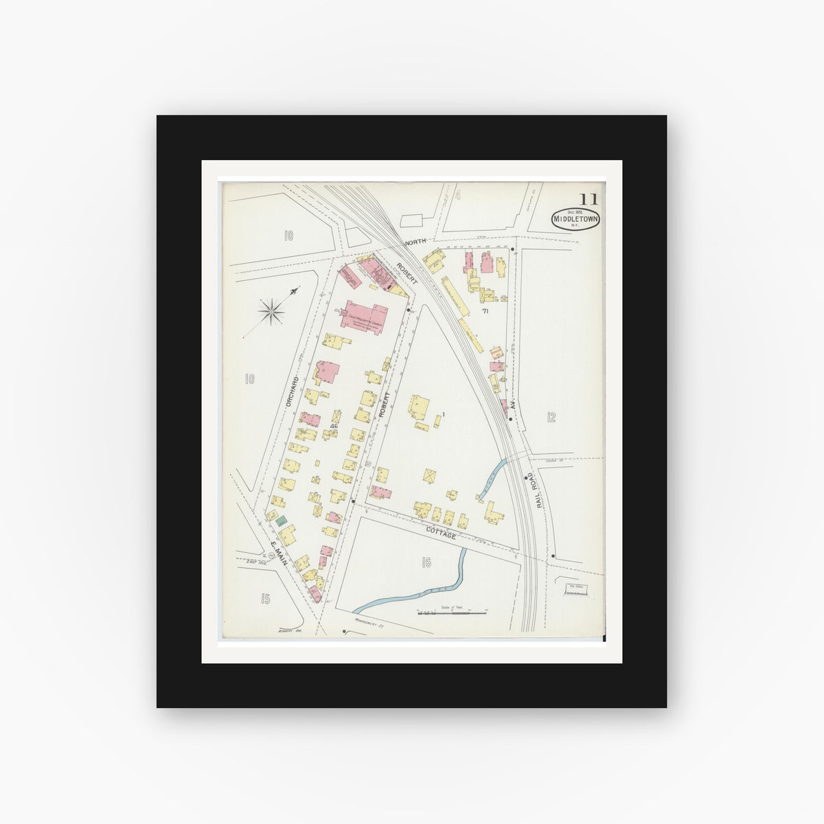 Old map wall art mockup — black gallery frame with white mat — Sanborn Fire Insurance Map from Middletown, Orange County, New York (1892), Sheet #0011