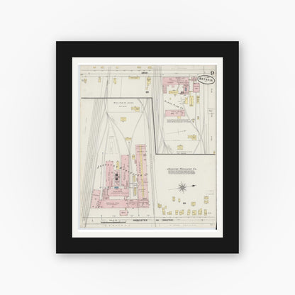 Old map wall art mockup — black gallery frame with white mat — Sanborn Fire Insurance Map from Batavia, Genesee County, New York (1890), Sheet #0009