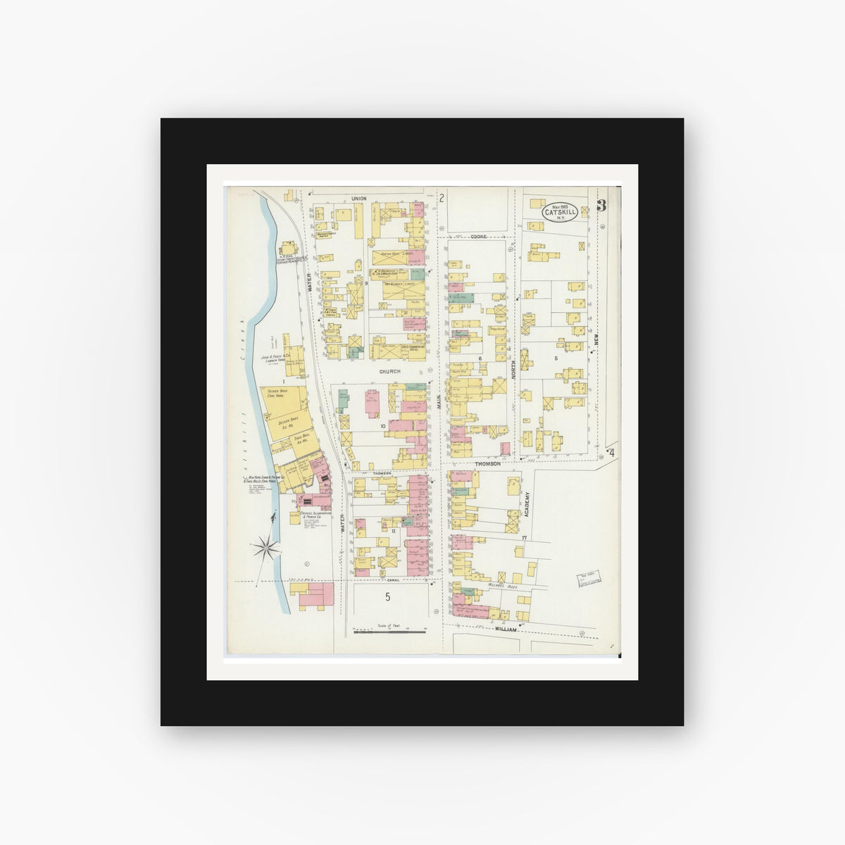Old map wall art mockup — black gallery frame with white mat — Sanborn Fire Insurance Map from Catskill, Greene County, New York (1903), Sheet #0003