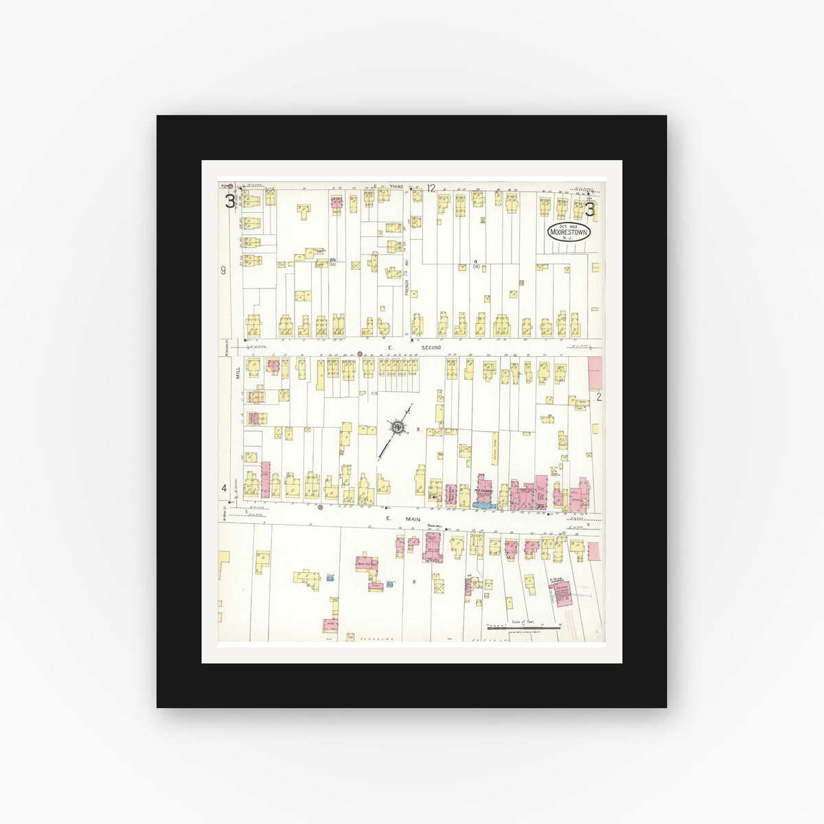 Old map wall art mockup — black gallery frame with white mat — Sanborn Fire Insurance Map from Moorestown, Burlington County, New Jersey (1923), Sheet #0003