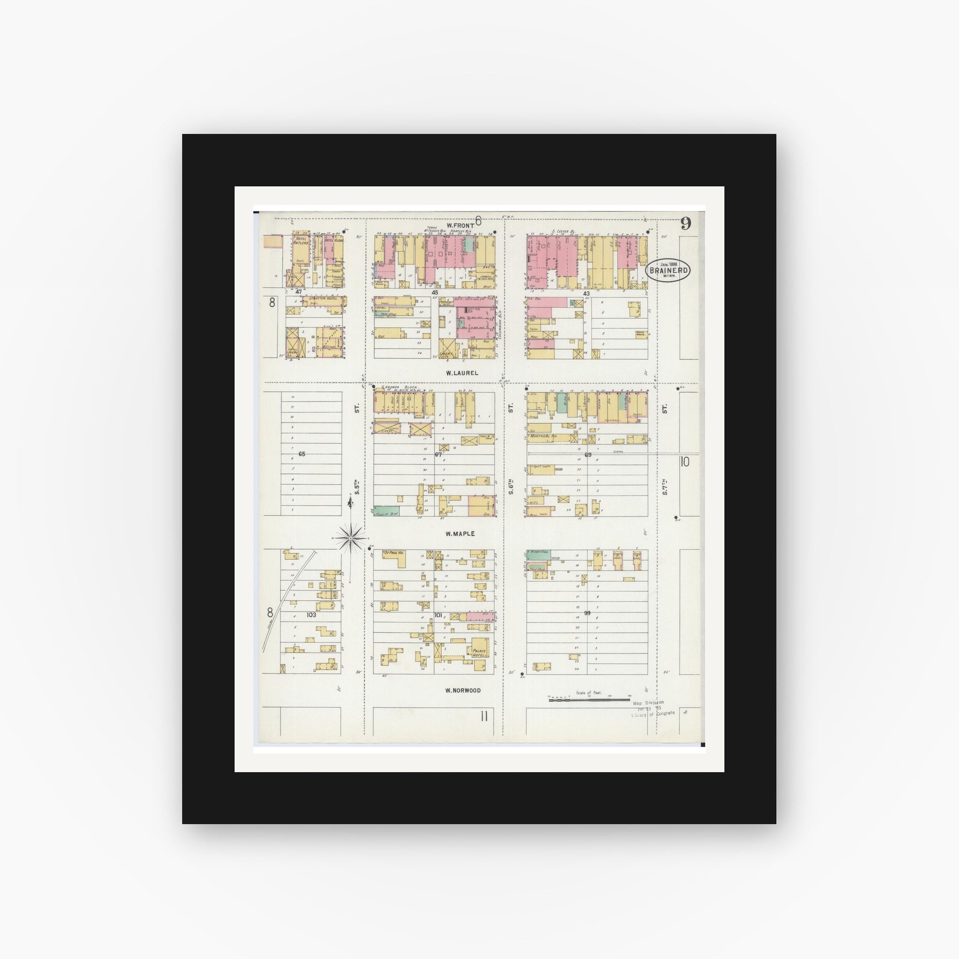 Old map wall art mockup — black gallery frame with white mat — Sanborn Fire Insurance Map from Brainerd, Crow Wing County, Minnesota (1898), Sheet #0009