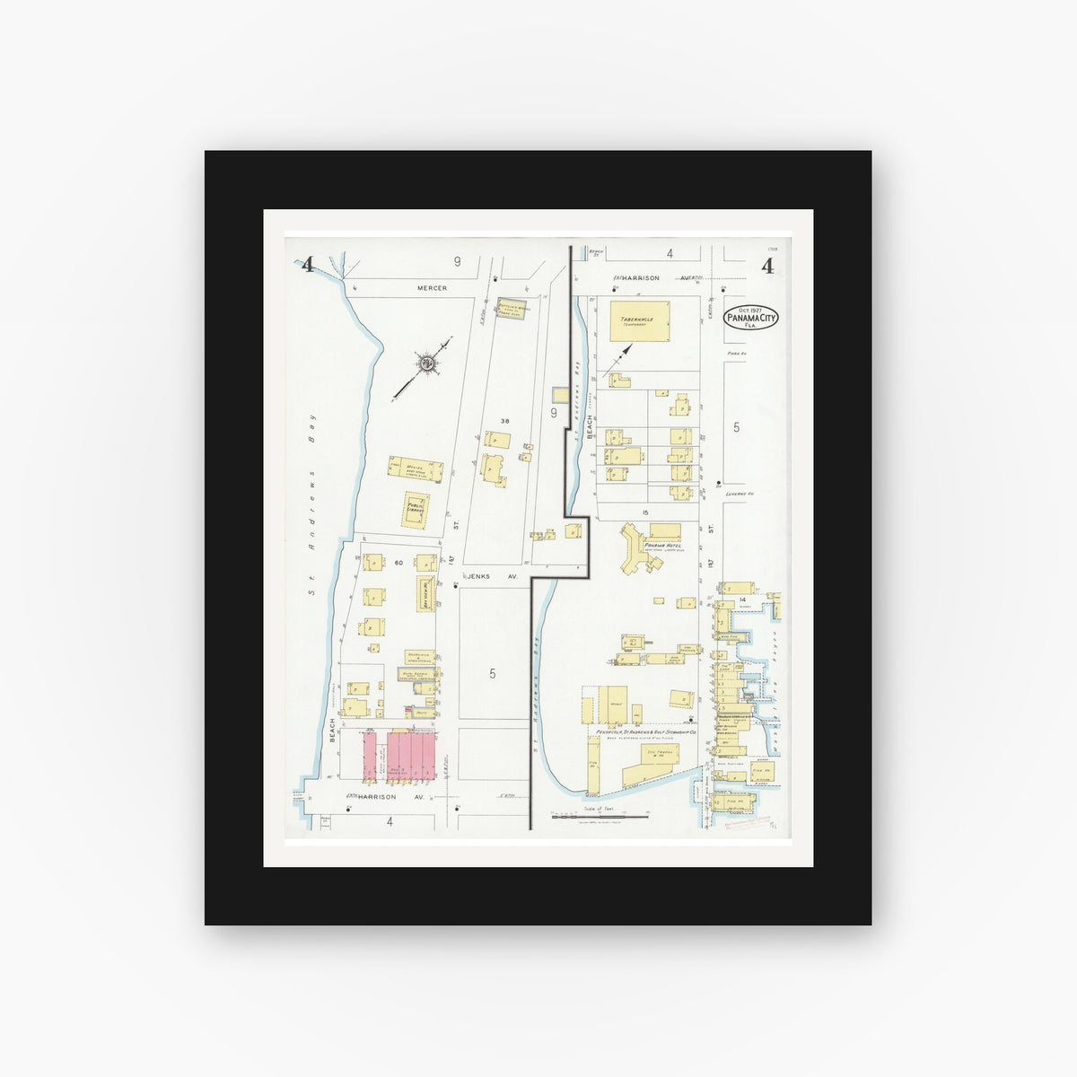 Old map wall art mockup — black gallery frame with white mat — Sanborn Fire Insurance Map from Panama City, Bay County, Florida (1927), Sheet #0004