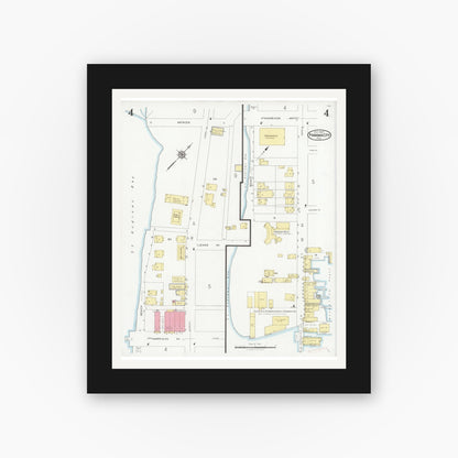 Old map wall art mockup — black gallery frame with white mat — Sanborn Fire Insurance Map from Panama City, Bay County, Florida (1927), Sheet #0004