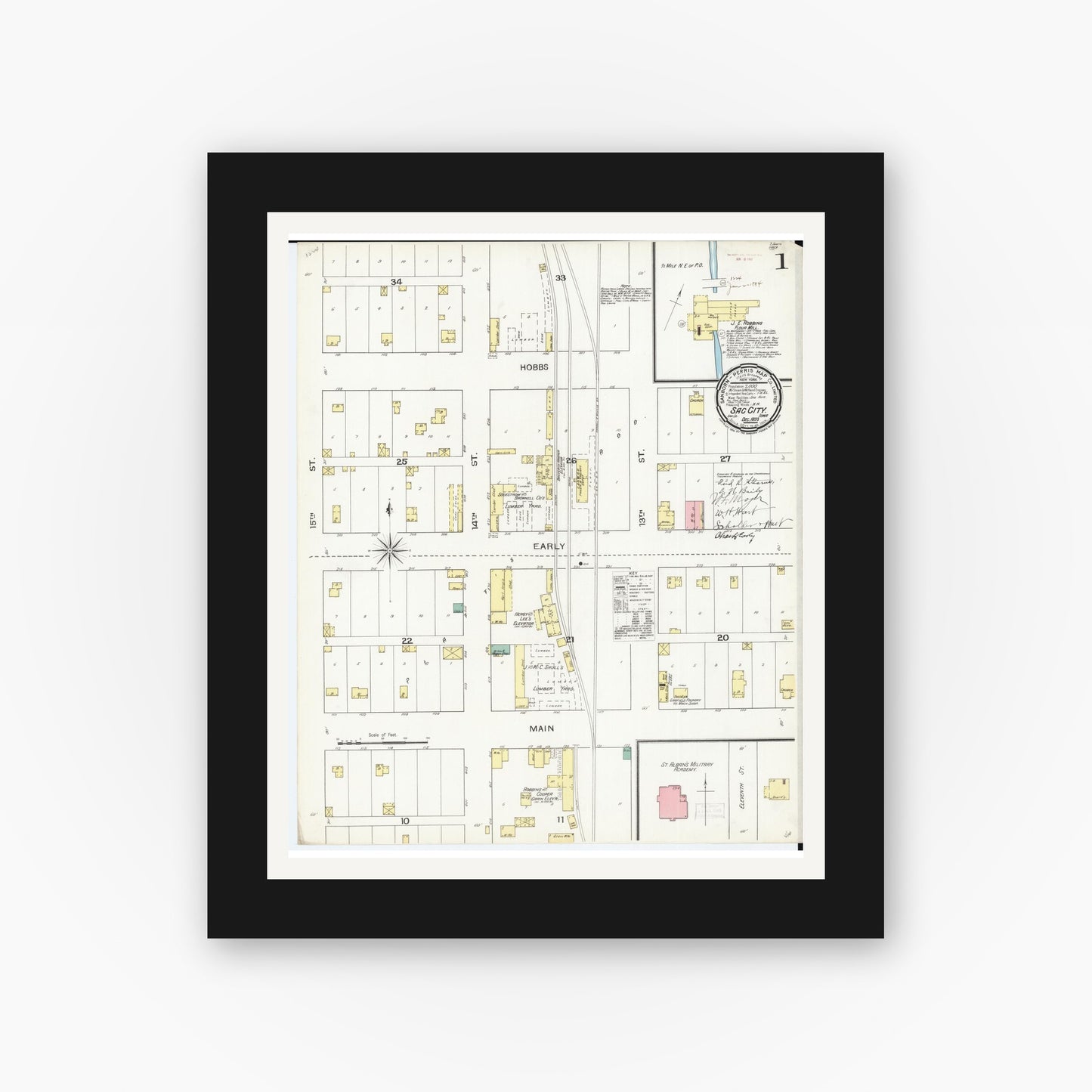 Old map wall art mockup — black gallery frame with white mat — Sanborn Fire Insurance Map from Sac City, Sac County, Iowa (1893), Sheet #0001