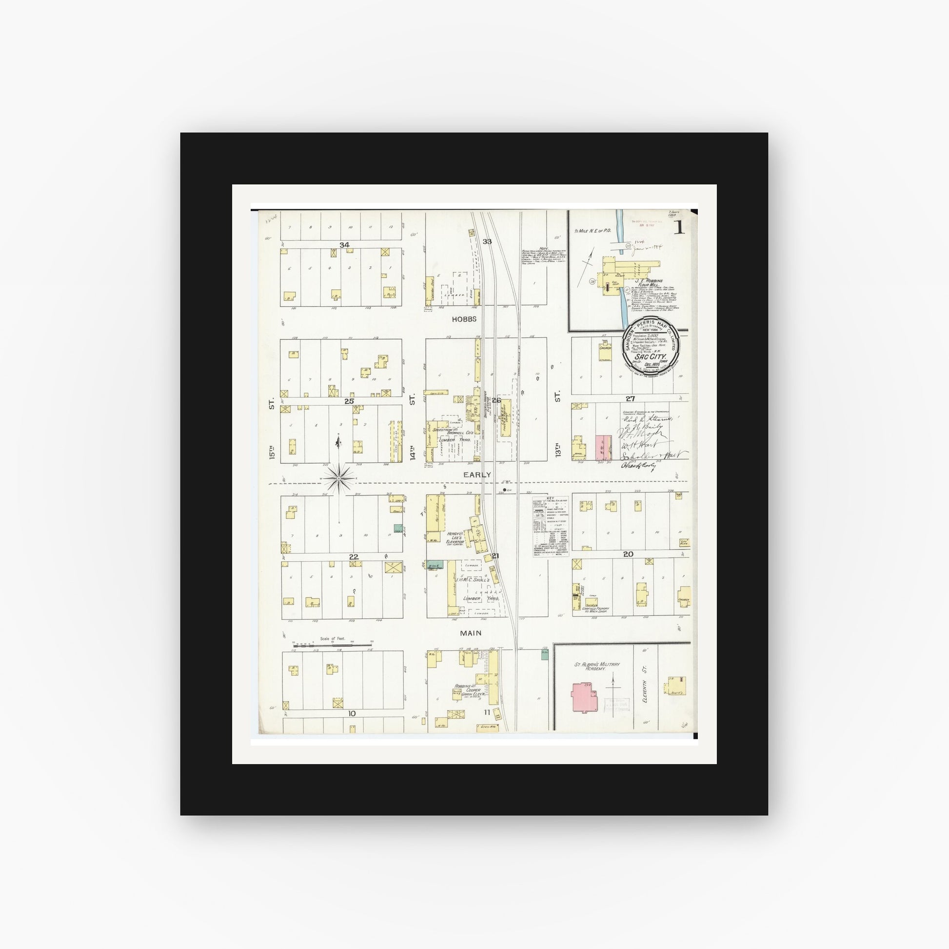 Old map wall art mockup — black gallery frame with white mat — Sanborn Fire Insurance Map from Sac City, Sac County, Iowa (1893), Sheet #0001