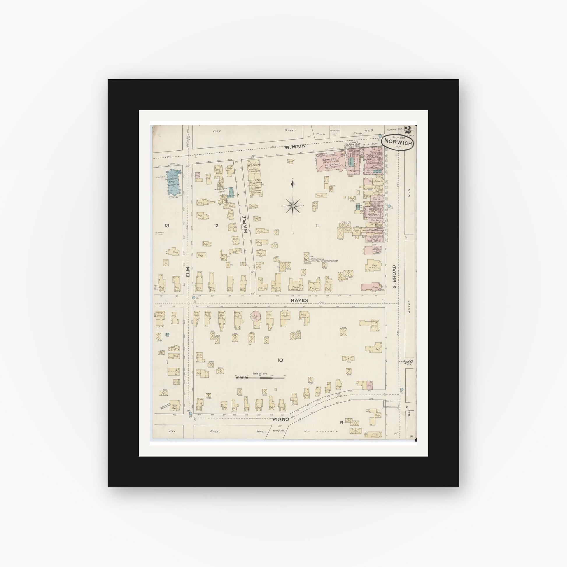 Old map wall art mockup — black gallery frame with white mat — Sanborn Fire Insurance Map from Norwich, Chenango County, New York (1887) - Complete Map Set