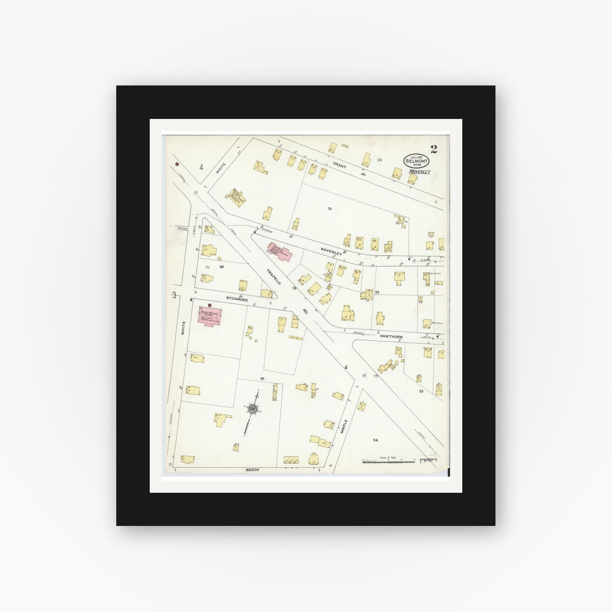 Old map wall art mockup — black gallery frame with white mat — Sanborn Fire Insurance Map from Belmont, Middlesex County, Massachusetts (1910), Sheet #0002
