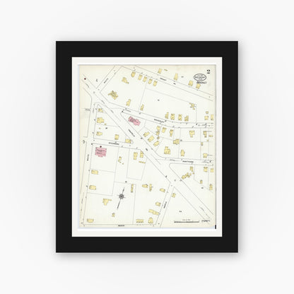Old map wall art mockup — black gallery frame with white mat — Sanborn Fire Insurance Map from Belmont, Middlesex County, Massachusetts (1910), Sheet #0002