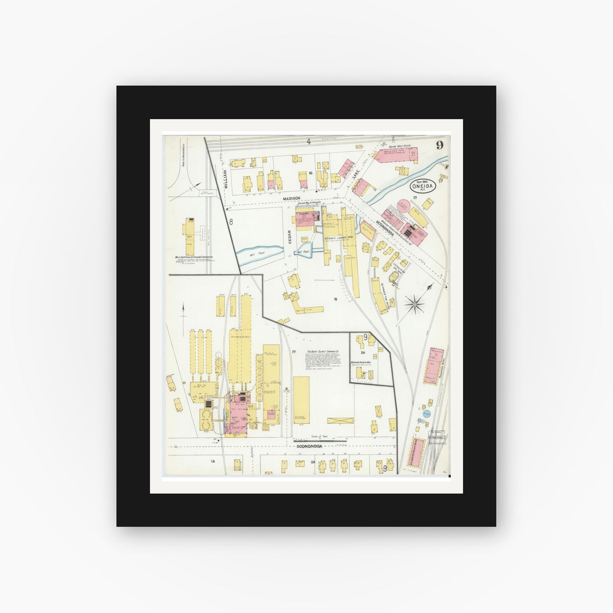 Old map wall art mockup — black gallery frame with white mat — Sanborn Fire Insurance Map from Oneida, Madison County, New York (1904), Sheet #0008