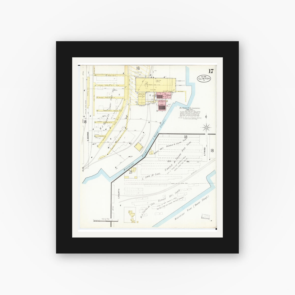 Old map wall art mockup — black gallery frame with white mat — Sanborn Fire Insurance Map from Clinton, Clinton County, Iowa (1897), Sheet #0017