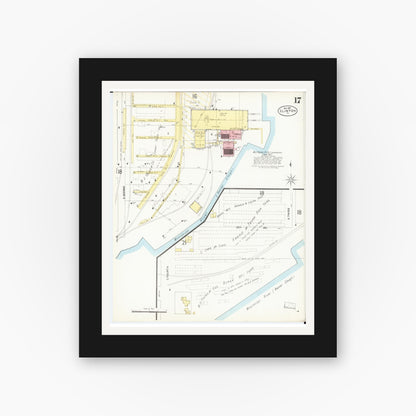 Old map wall art mockup — black gallery frame with white mat — Sanborn Fire Insurance Map from Clinton, Clinton County, Iowa (1897), Sheet #0017
