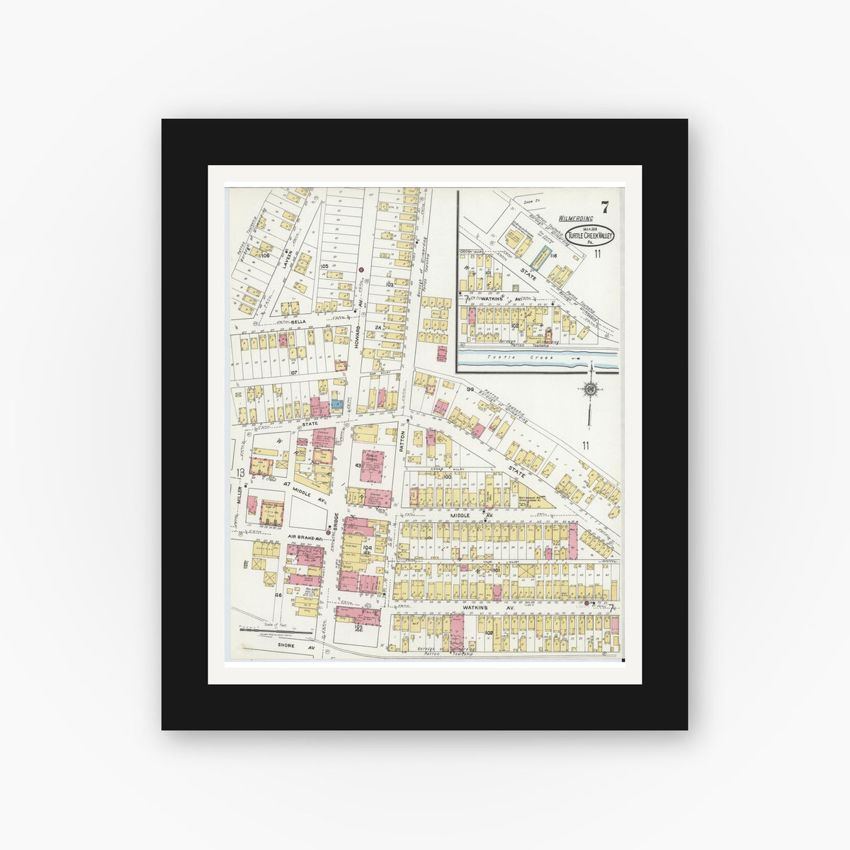 Old map wall art mockup — black gallery frame with white mat — Sanborn Fire Insurance Map from Turtle Creek Valley, Allegheny County, Pennsylvania (1919), Sheet #0007