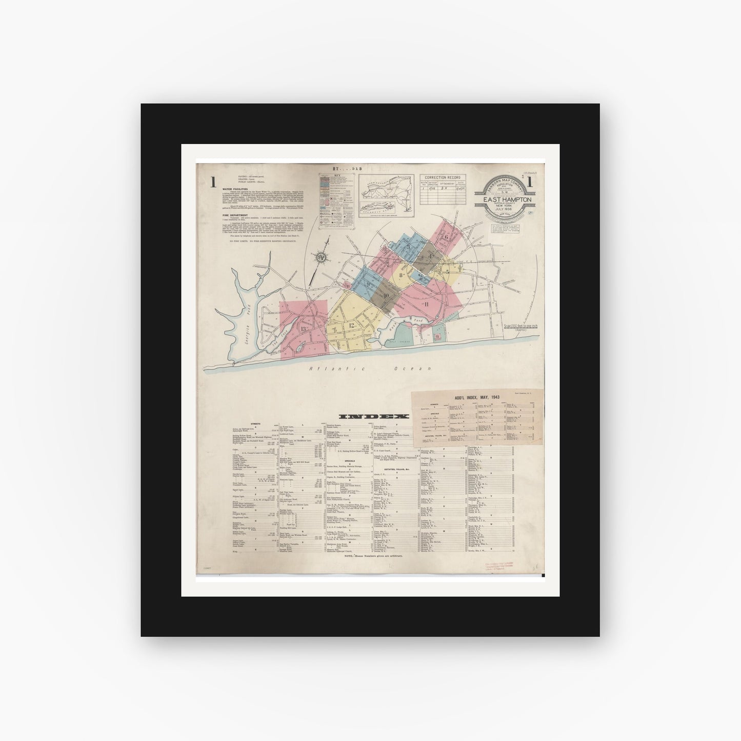 Old map wall art mockup — black gallery frame with white mat — Sanborn Fire Insurance Map from Easthampton, Suffolk County, New York (1943) - Complete Map Set