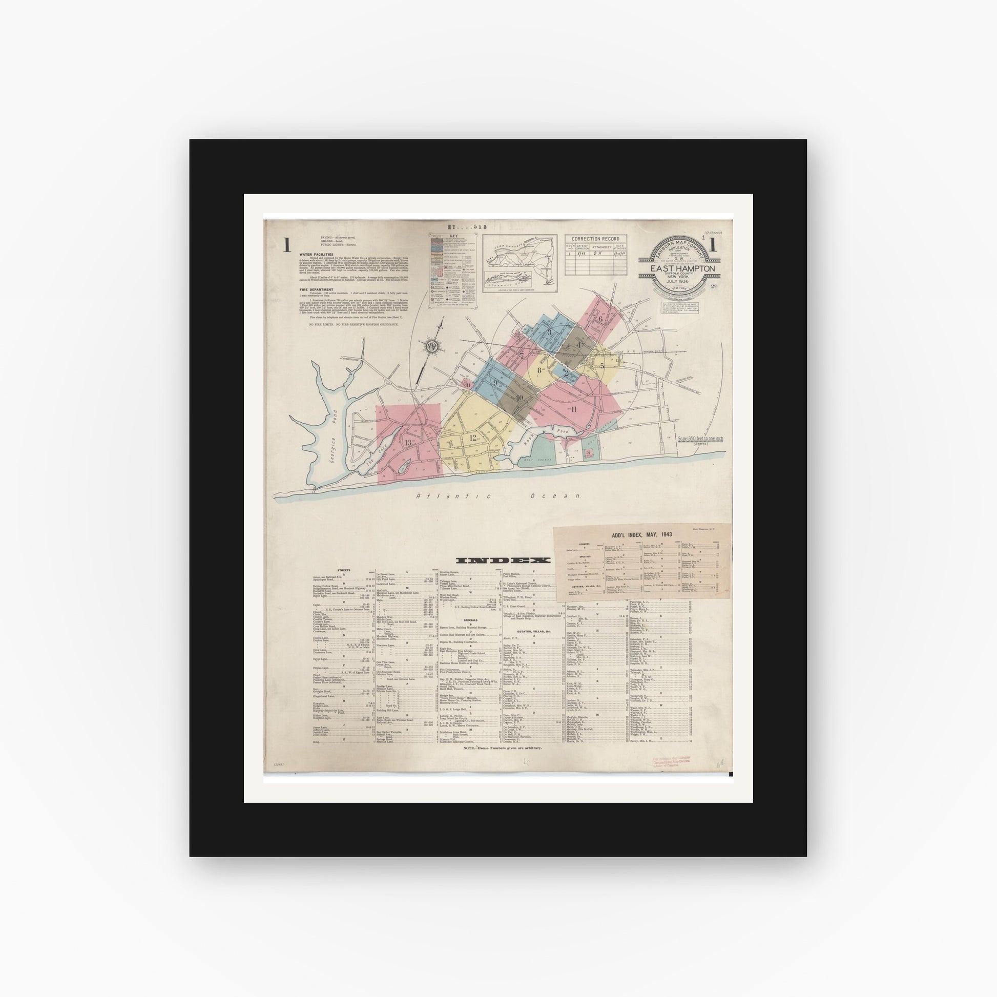Old map wall art mockup — black gallery frame with white mat — Sanborn Fire Insurance Map from Easthampton, Suffolk County, New York (1943) - Complete Map Set