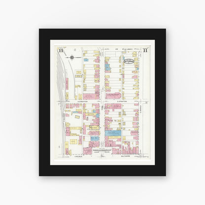Old map wall art mockup — black gallery frame with white mat — Sanborn Fire Insurance Map from Gettysburg, Adams County, Pennsylvania (1924), Sheet #0011