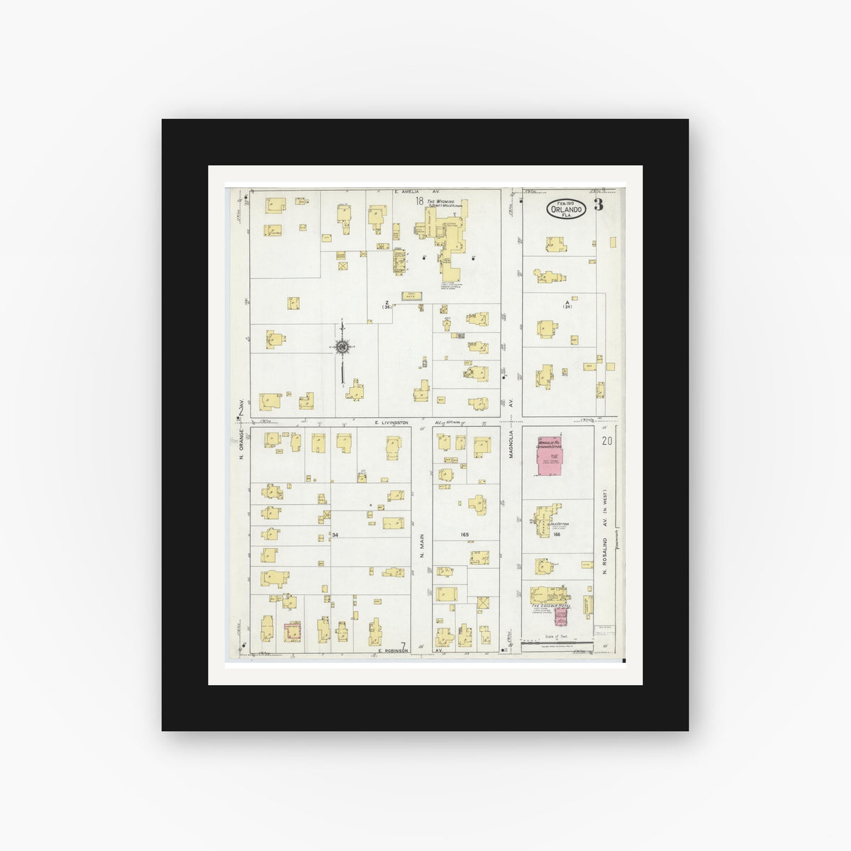 Old map wall art mockup — black gallery frame with white mat — Sanborn Fire Insurance Map from Orlando, Orange County, Florida (1919), Sheet #0003