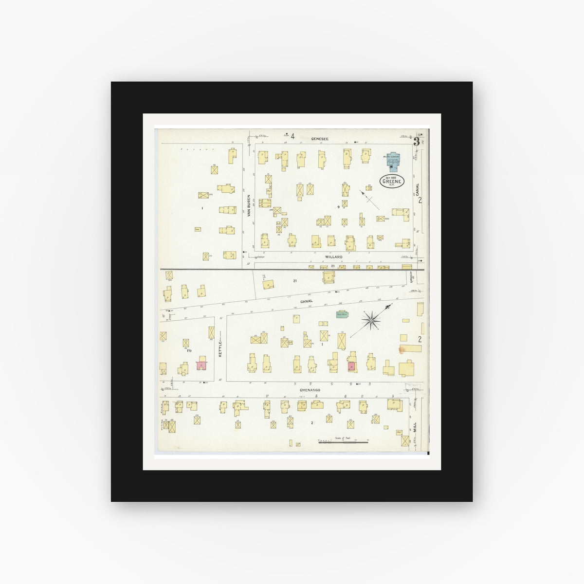 Old map wall art mockup — black gallery frame with white mat — Sanborn Fire Insurance Map from Greene, Chenango County, New York (1908), Sheet #0003
