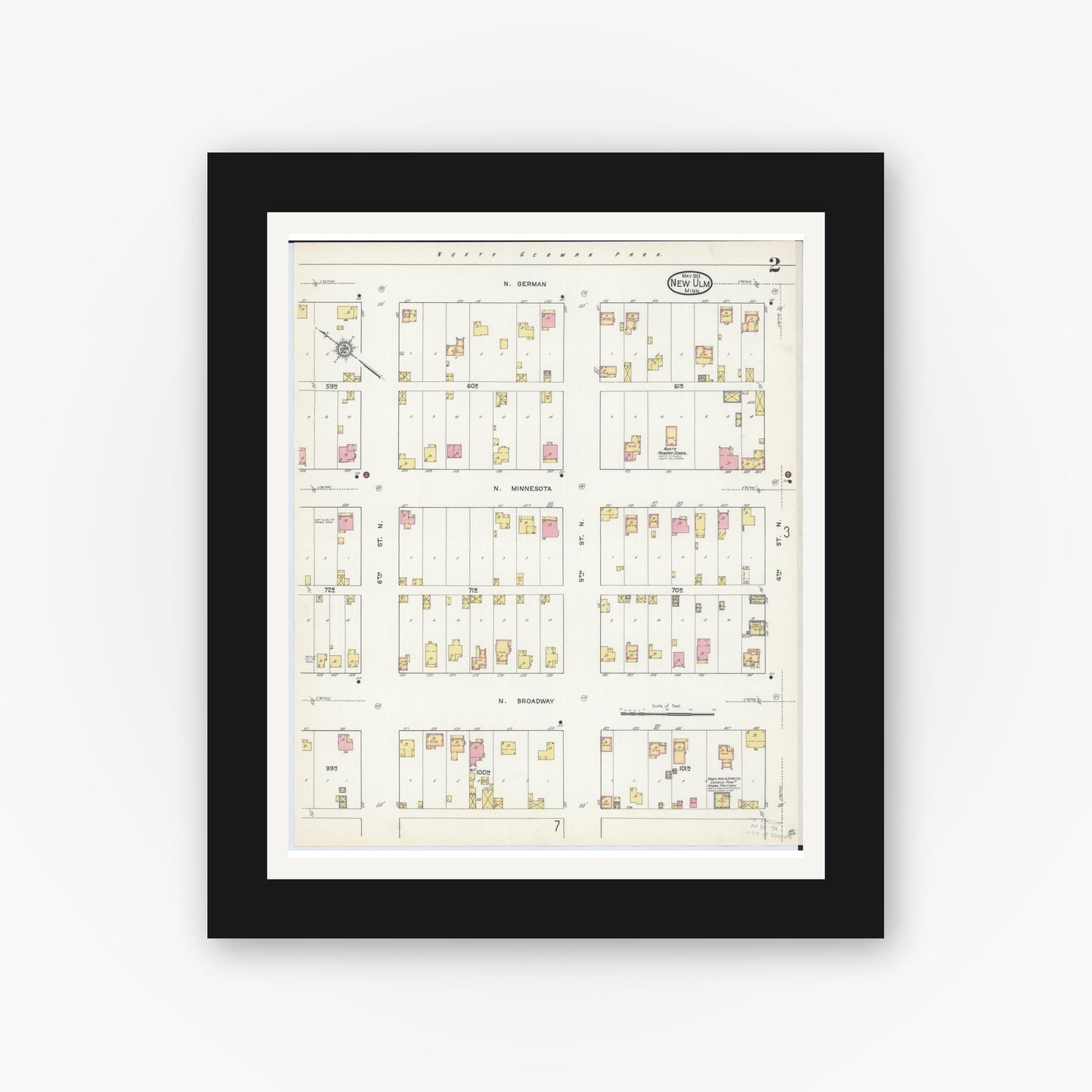 Old map wall art mockup — black gallery frame with white mat — Sanborn Fire Insurance Map from New Ulm, Brown County, Minnesota (1913), Sheet #0002