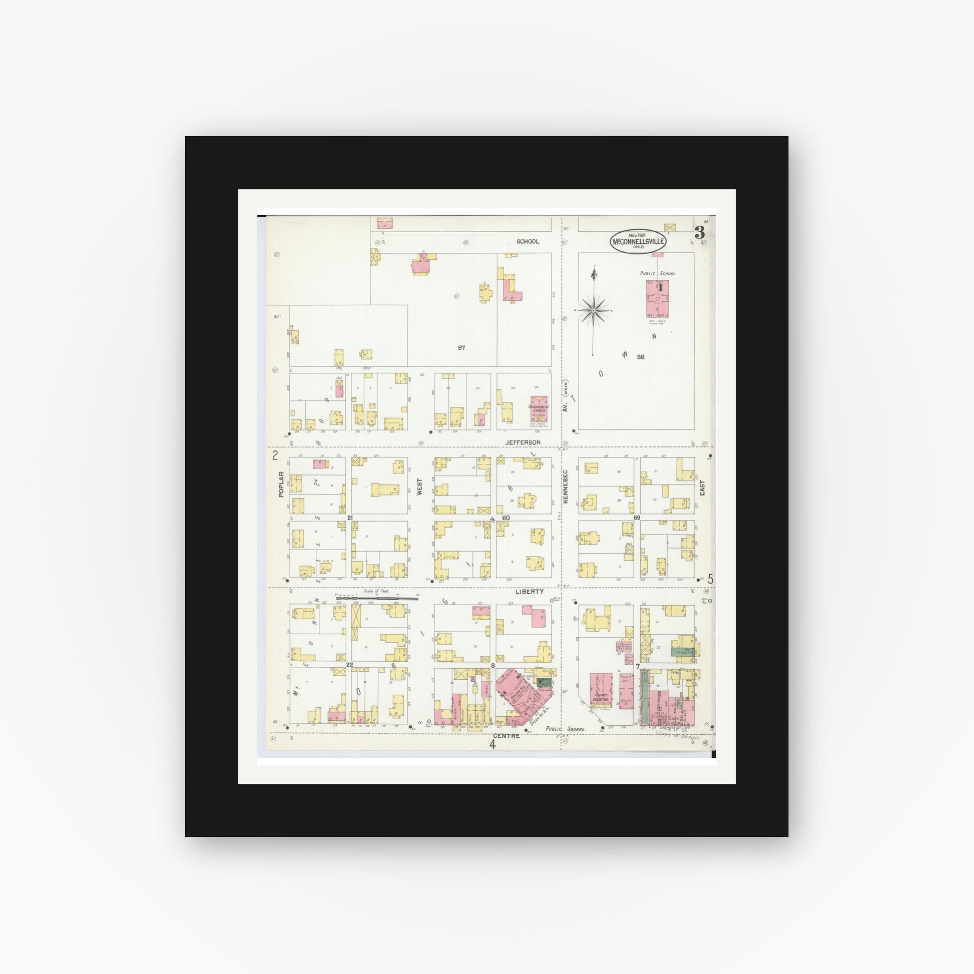 Old map wall art mockup — black gallery frame with white mat — Sanborn Fire Insurance Map from McConnelsville, Morgan County, Ohio (1901), Sheet #0003